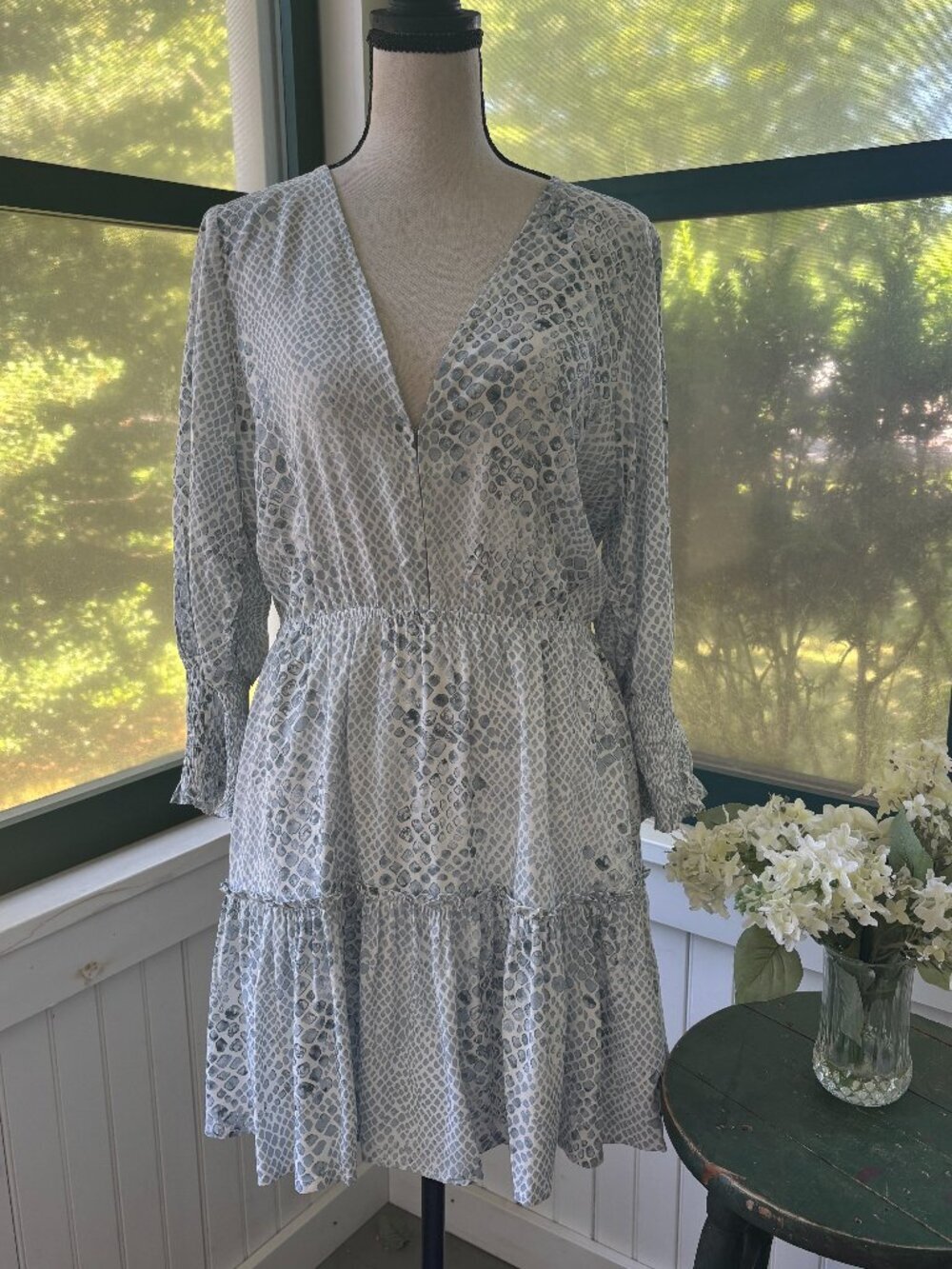 Buddy Love Snake Print Tiered Dress | Grey & White | Size Large | New with Tags
